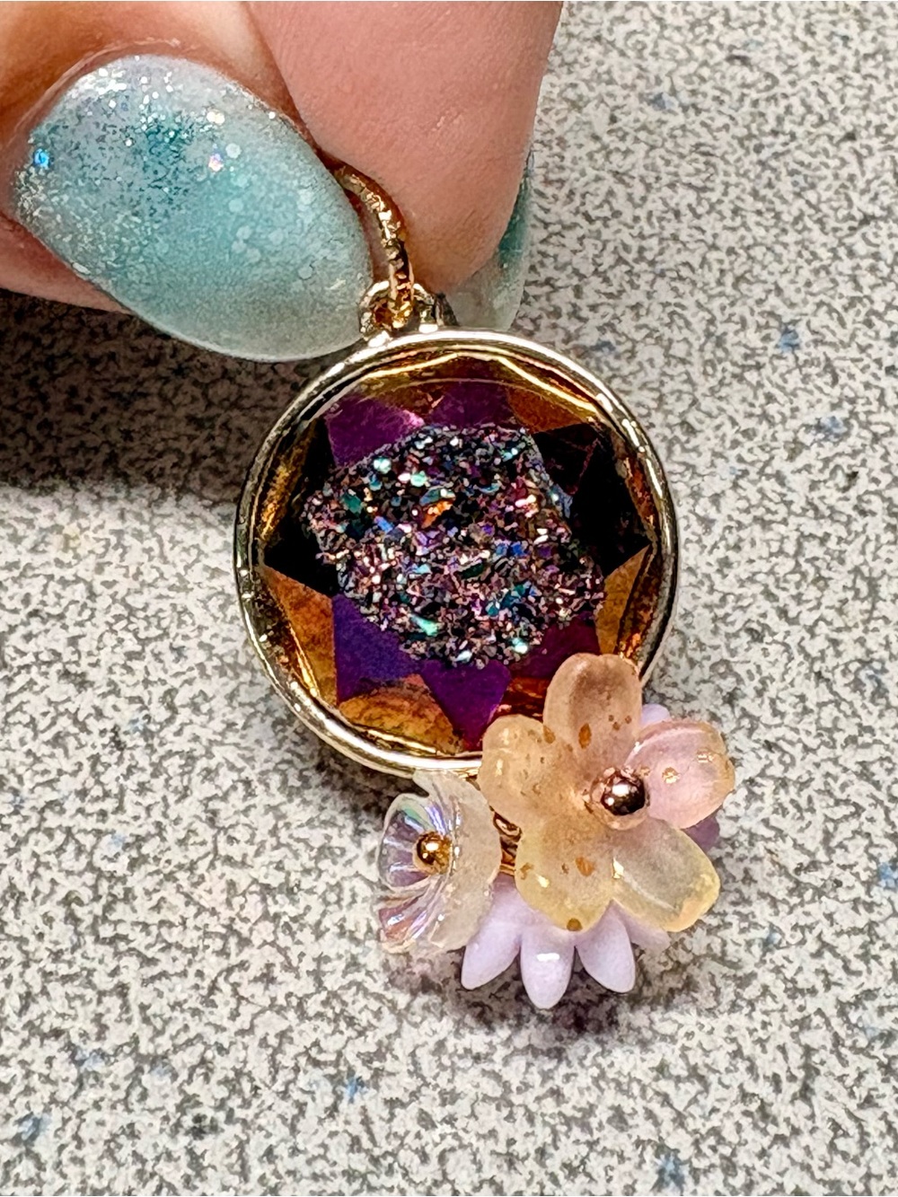 Handcrafted Purple Druzy Pendant Necklace with Pink Flower Accents